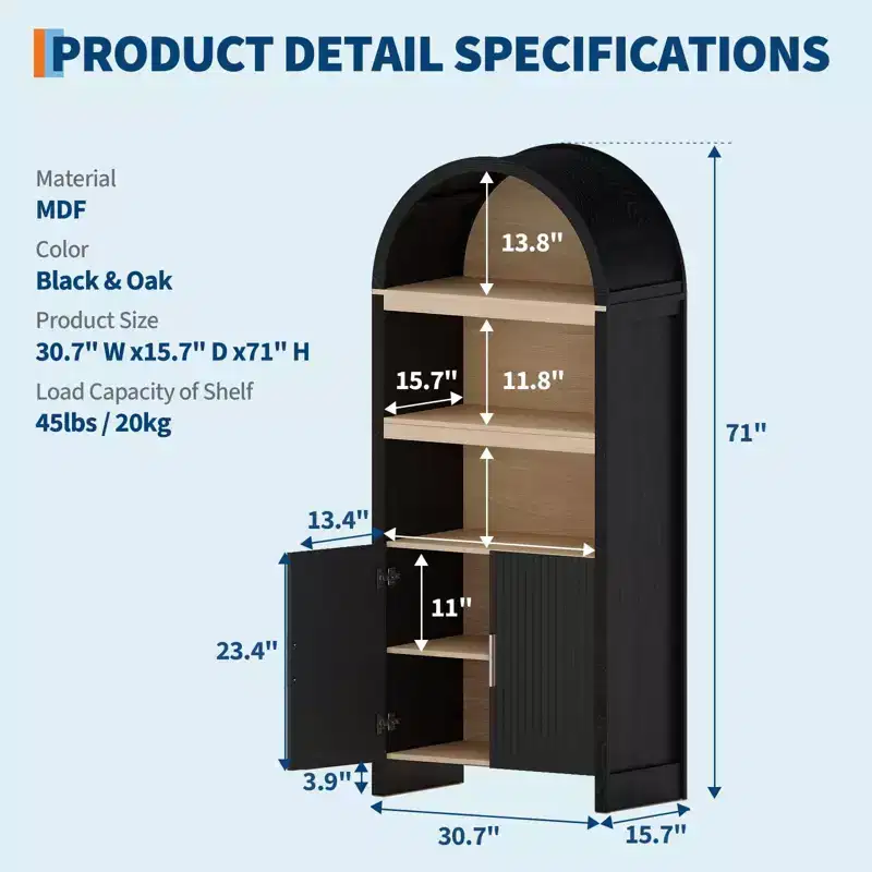 GustoWave 71'' 5 Tier Bookcase Arched Storage Cabinet, Farmhouse Wooden Kitchen Pantry Display Storage Cabinet with Open Shelves, Black
