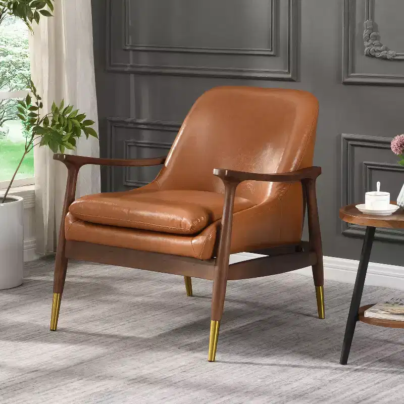 Brown Club-Style 1-Seat Faux Leather Accent Chair