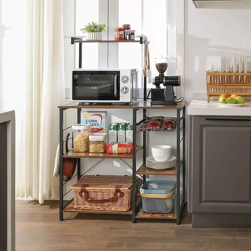 Kitchen Microwave Oven Stand Shelf with Wire Basket and 6 S-Hooks - 35.4 L x 15.7 W x 52 H