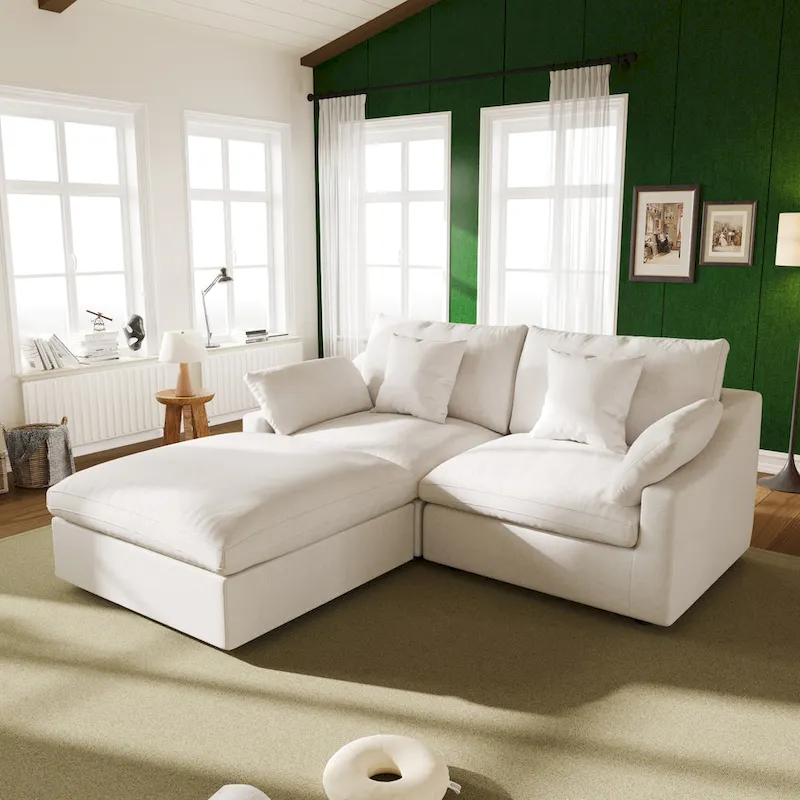 82.68   Down Filled Sectional Couch L-shape Linen Upholstered Loveseat with Ottoman