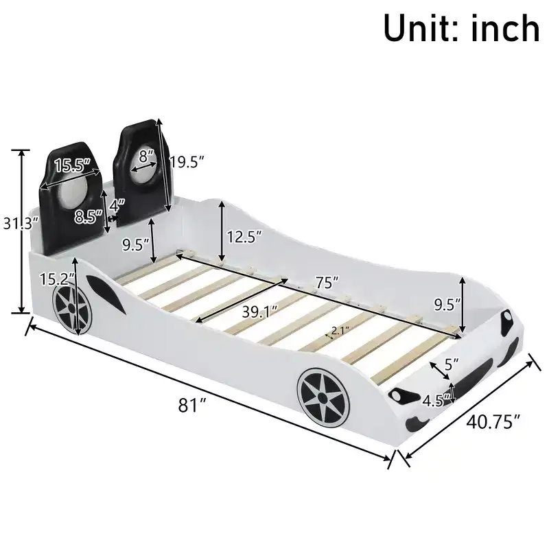 Bellemave Wood Twin Size Race Car-Shaped Platform Bed with LED and Upholstered Backrest, White