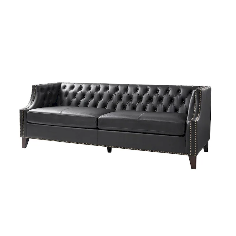 Transitional Genuine Leather Tufted Design Sofa with Solid Wood Legs