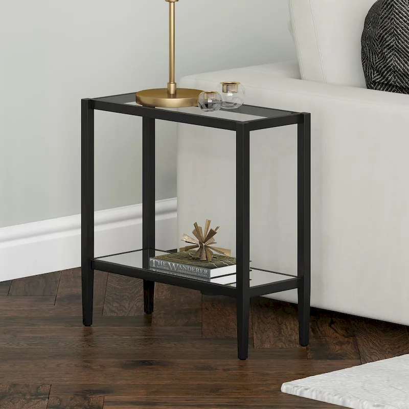 Blackened Bronze / Antique Brass Rectangular Side Table with Glass Shelf, 1-Person Assembly