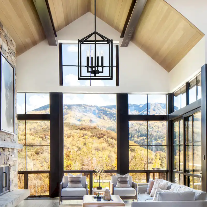 4-light pendant with black finish and steel cage shade