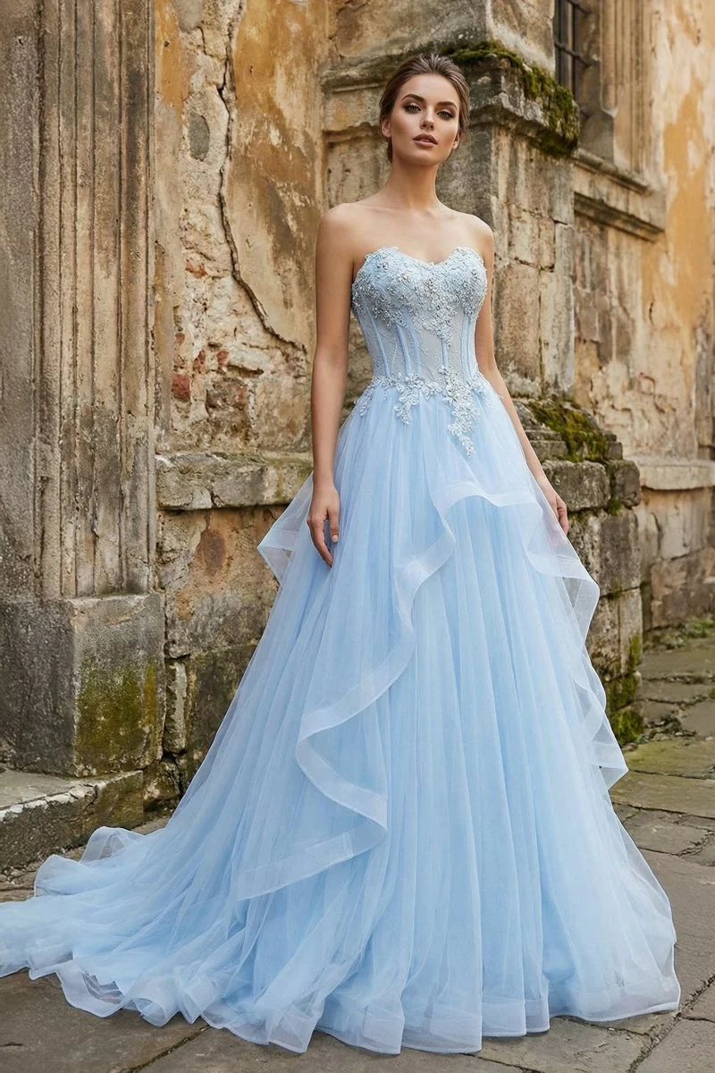Light Blue Beaded Long Prom Dress