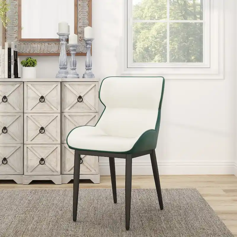 Set of 2 PU Upholstered Dining Chairs Modern Solid Back Chairs with Black Metal Legs