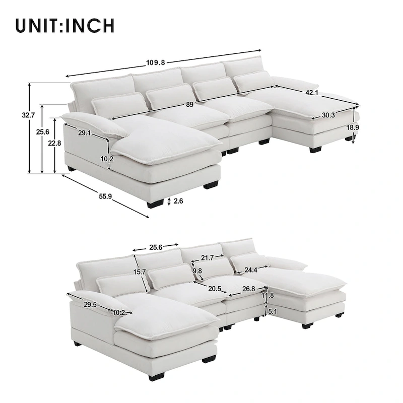 [VIDEO provided][New]109.8*55.9  Modern U-shaped Sectional Sofa with Waist Pillows,6-seat Upholstered Symmetrical Sofa Furniture