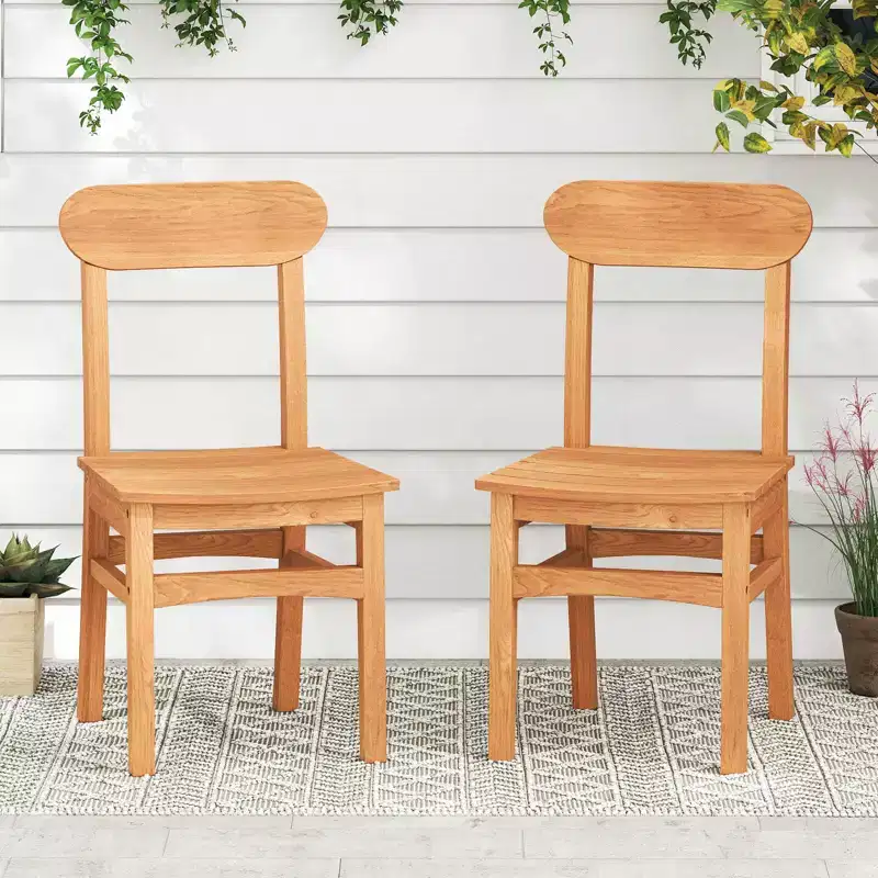 Costway 1/2 PCS Patio Teak Wood Chair Wooden Armless Dining Chair with Slatted Seat