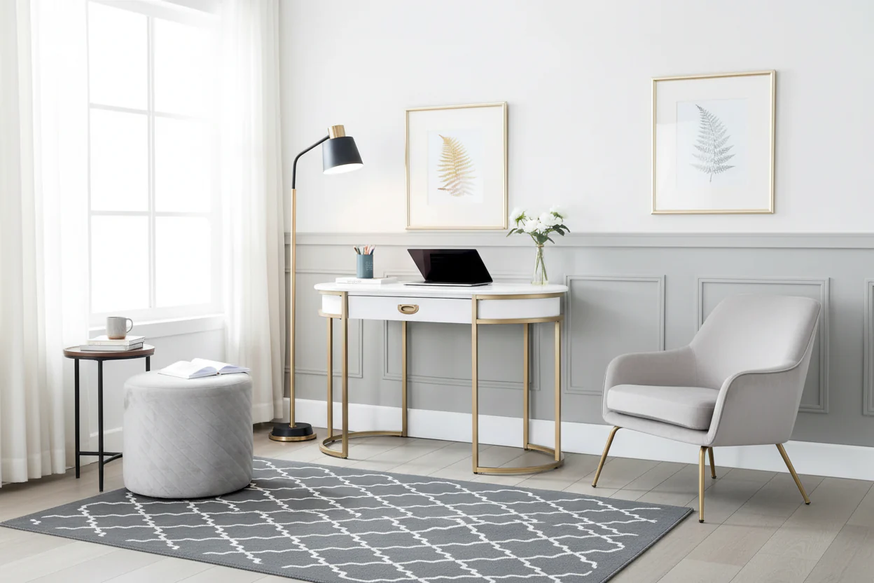 White / Grey Oval Metal Leg Writing Desk, 1-Person