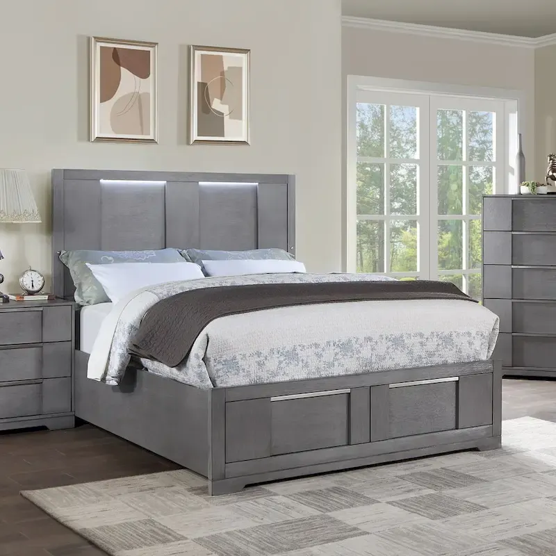 Furniture of America Tona Contemporary Grey Wood Storage Platform Bed with LED Lights
