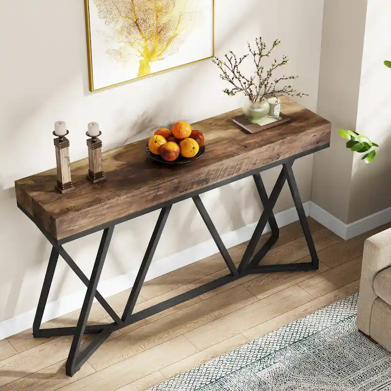 55 Inch Wood Console Table, Sofa Table Entryway Table with Unique Metal Legs