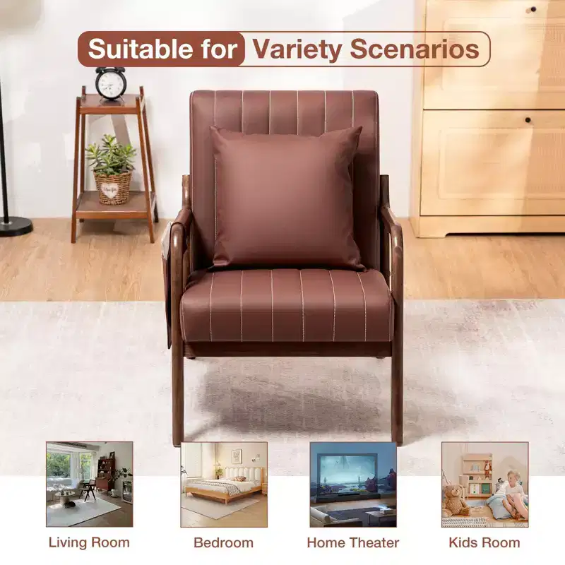 Hommpa Mid-century Accent Chair Ergonomic Leather Armchair with Wood Frame & Lumbar Pillow Brown