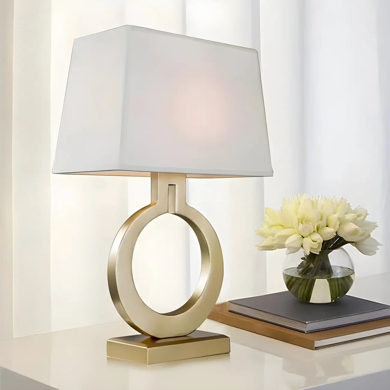 Gold Ring LED Table Lamp Square Base & Rectangle Shade