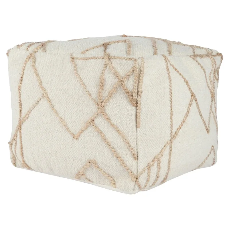 18 Inch Square Pouf, Handwoven Wool and Jute, Bead Fill, Transitional Style, Ivory, 1 Unit
