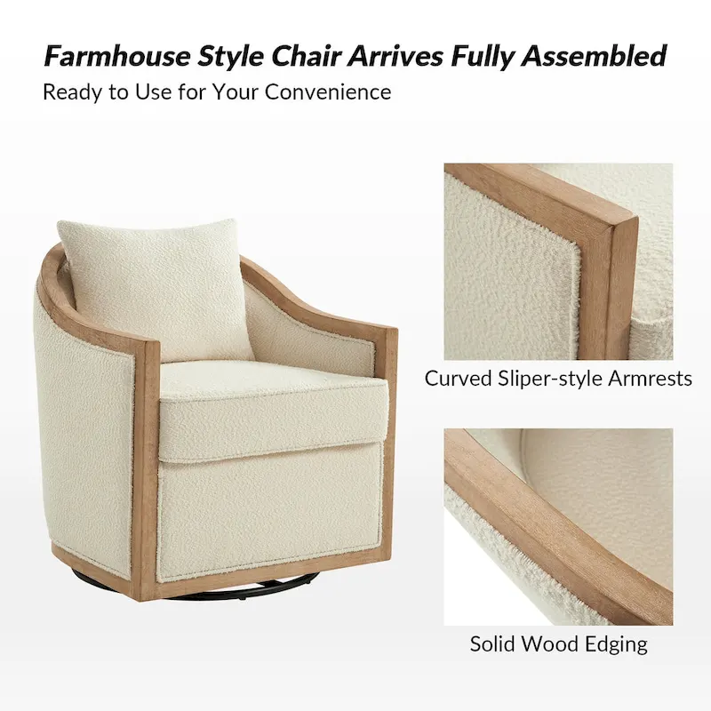 Oswald Jess Farmhouse Solid Wood Edging Swivel Barrel Chair with Toss Pillows by HULALA HOME