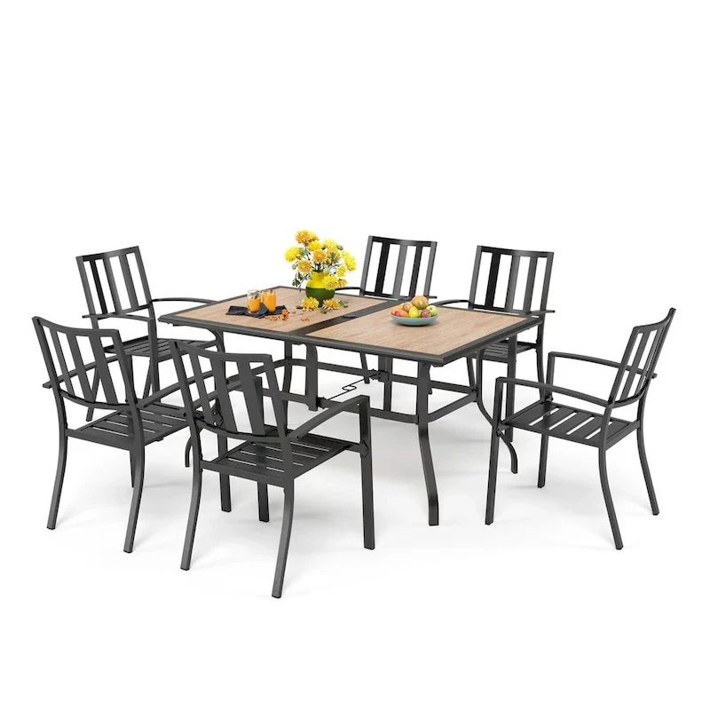 MAISON ARTS Faux Wood/ Steel 7-piece Patio Dining Set with 6 Stackable Chairs