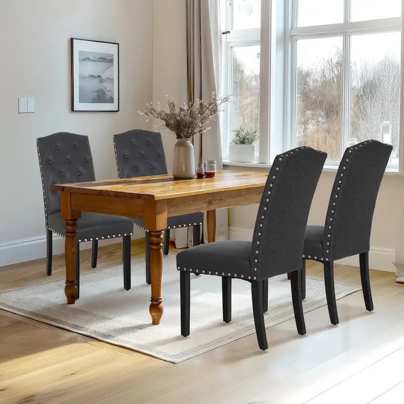Set of 4 Upholstered Faux Leather/Fabric Dining Room Chairs with High Back and Solid Wood Legs