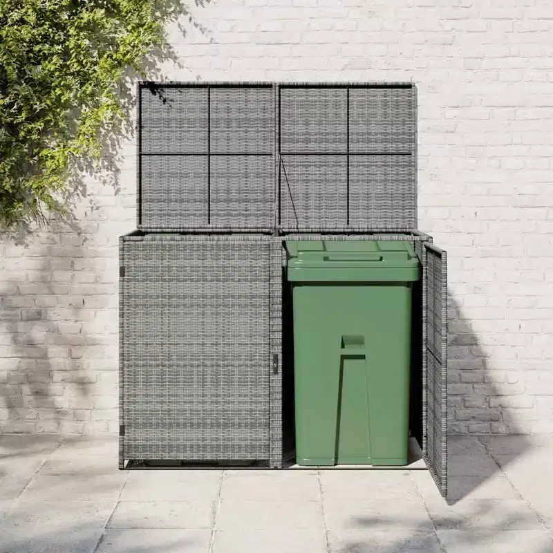 vidaXL Double Wheelie Bin Shed with Lid, Poly Rattan