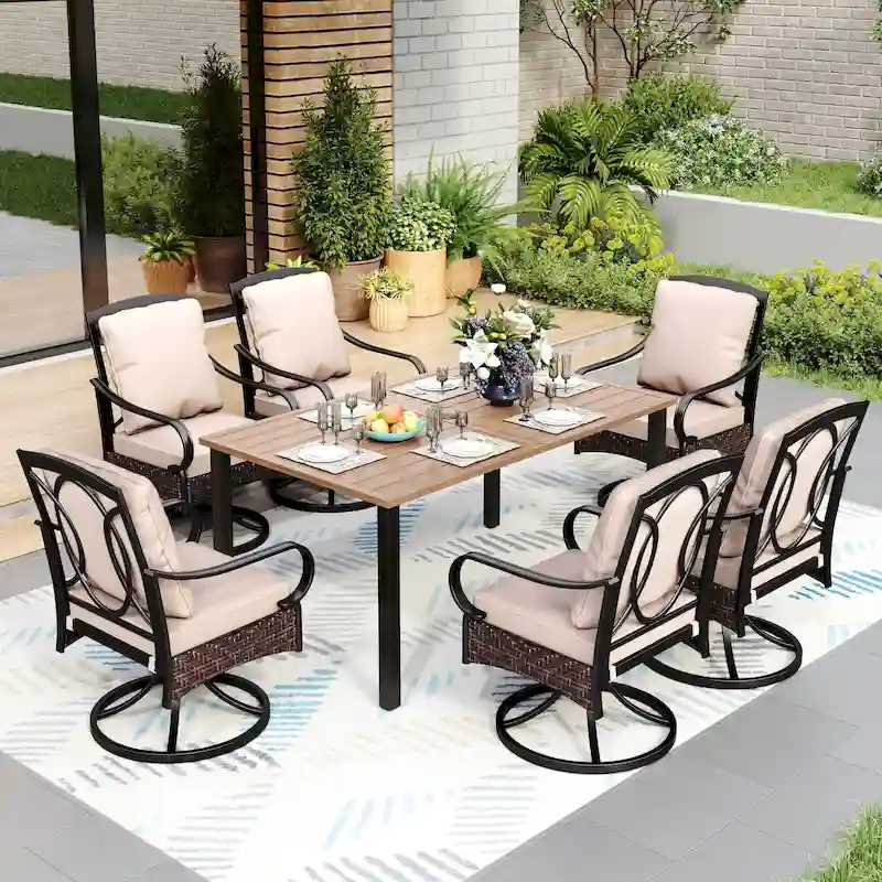 7 Pieces Patio Dining Set, 60 Inch Rectangular Metal Table and Rattan Dining Chairs