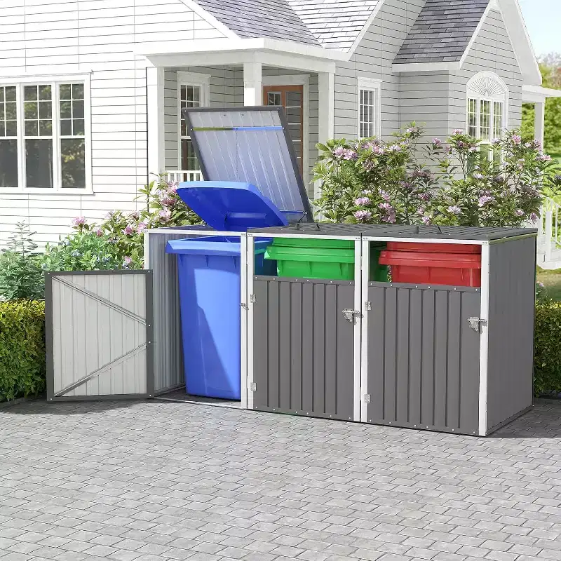 Zevemomo Outdoor Metal Light Gray Garbage Can Sheds for 3 Trash Bins Pneumatic Support Rod, Lockable Doors, Lid Chain for Patio, Garden, Backyard