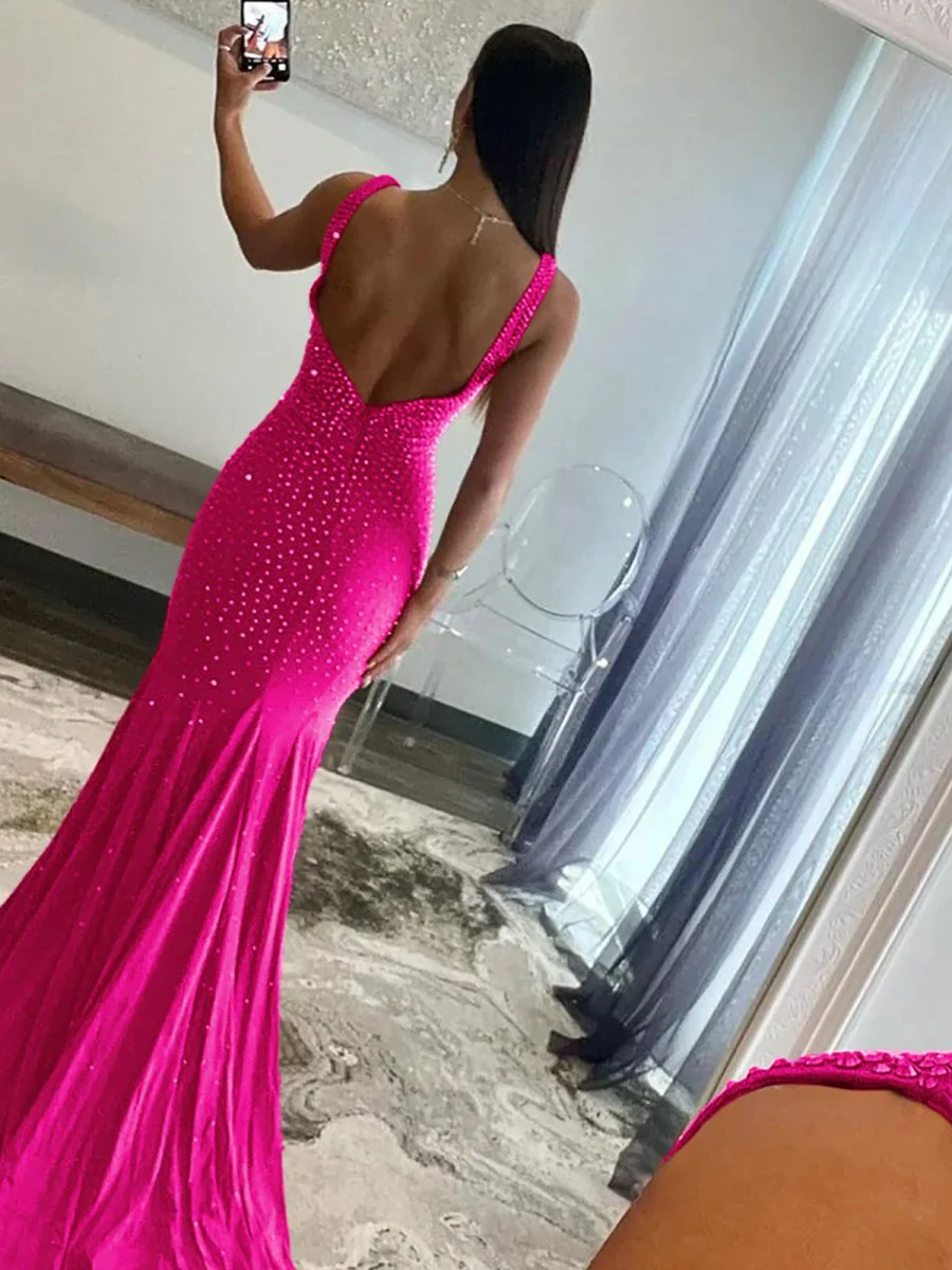 Mermaid Deep V-Neck Beaded Satin Long Prom Dress
