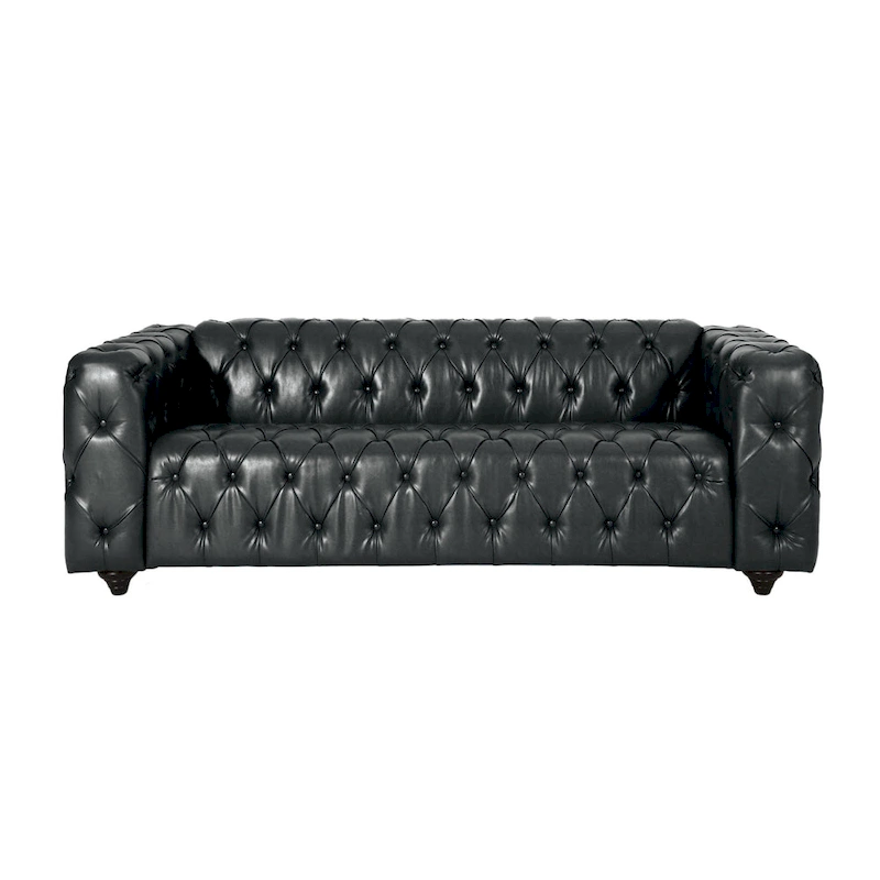 Arlo Sofa, Chesterfield Tufted Black Faux Leather Upholstery, Wood, 84 Inch