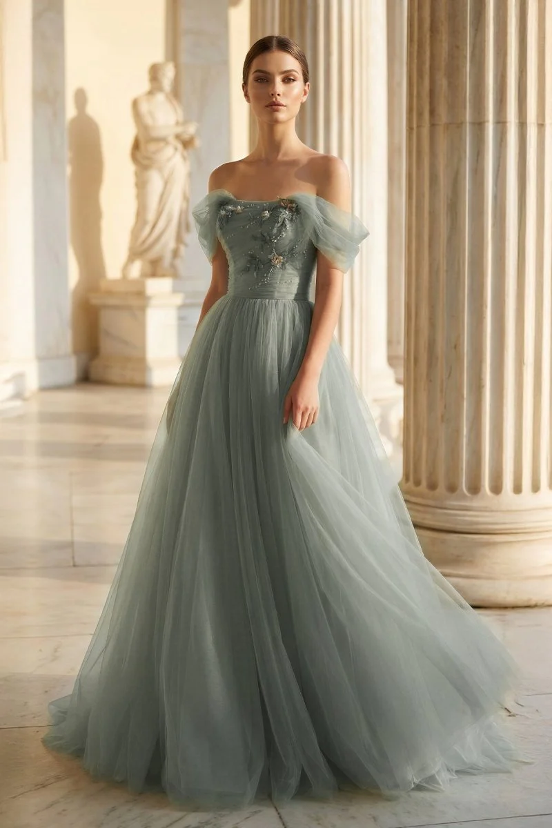 Princess Off the Shoulder Embroidering Tulle Sage Ball Gown