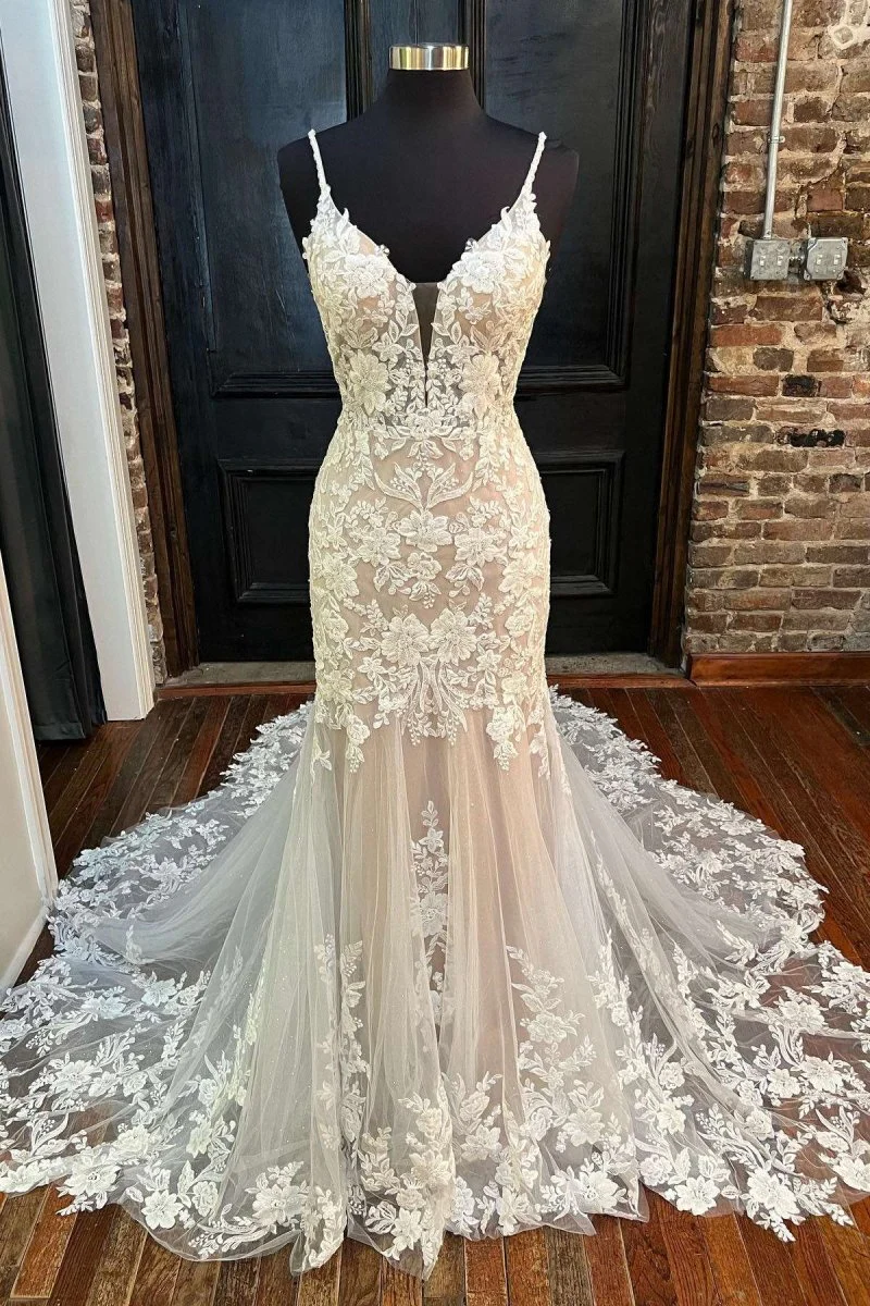 Off White Appliques Backless Mermaid Long Wedding Dress