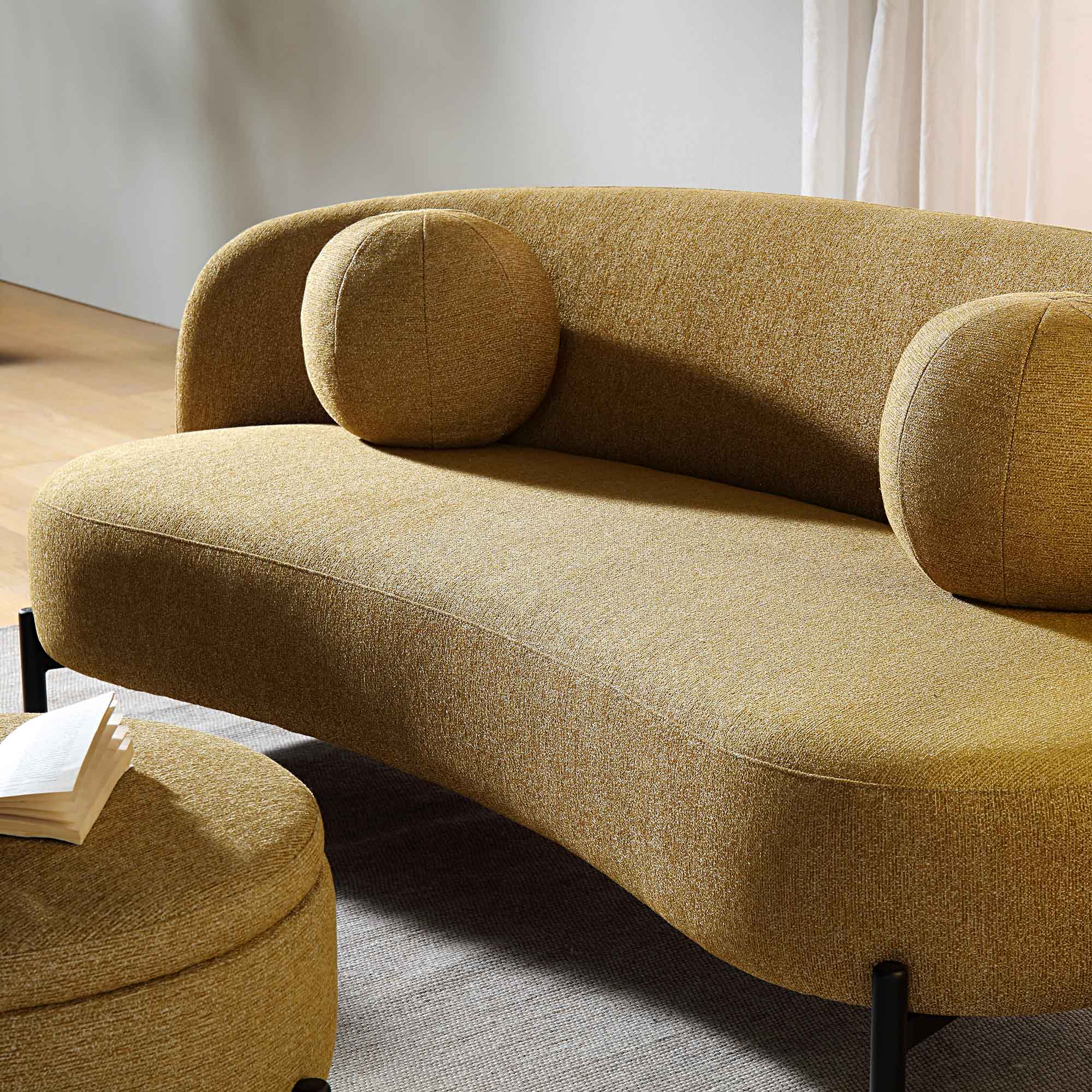 3-Seater Curved Sofa with Ball Cushions, Marigold Textured Fabric