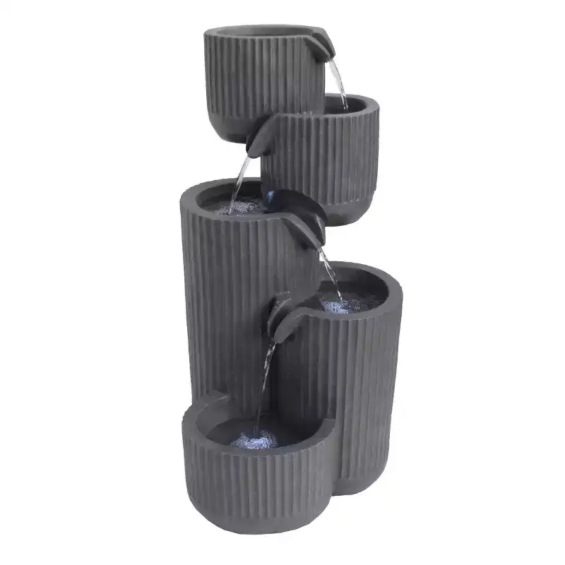 Alpine Corporation 32" 5-Tier Gray Fluted Pots Fountain: Outdoor LED-Lit Water Feature, Resin Crafted, Electric Powered