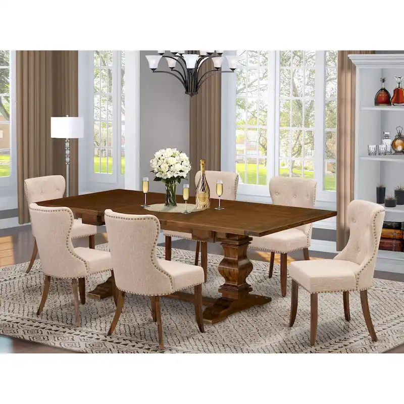 Rectangle Dining Table Set, Light Tan Linen Fabric Chairs, Solid Wood, Multiple Piece Options