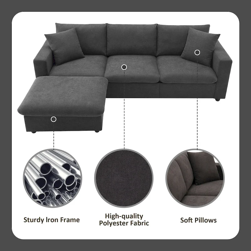 4-Seat Polyester L-Shaped Sectional Sofa with Convertible Ottoman