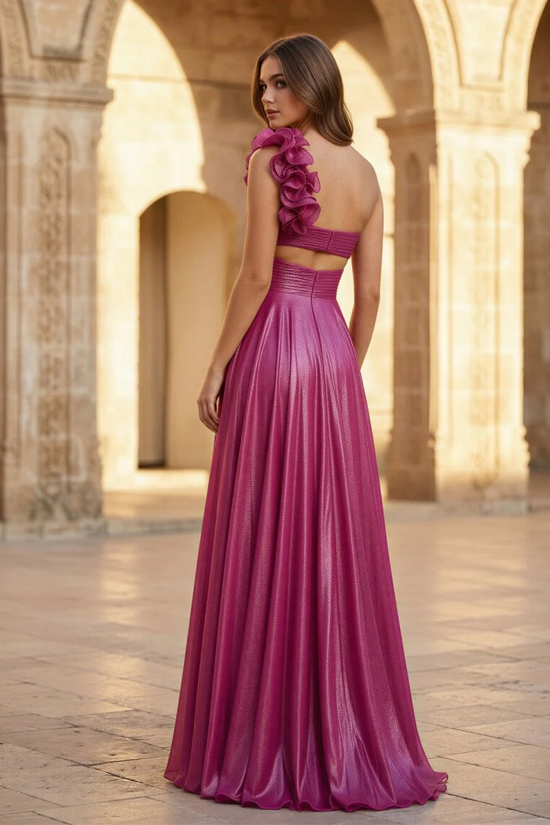 A-Line Fuchsia One Shoulder Keyhole Pleated Metallic Prom Dress with Slit