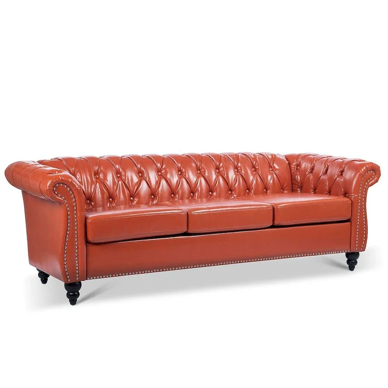 Tufted Sofa - Faux Leather, Rolled Arms Design, Seats 3