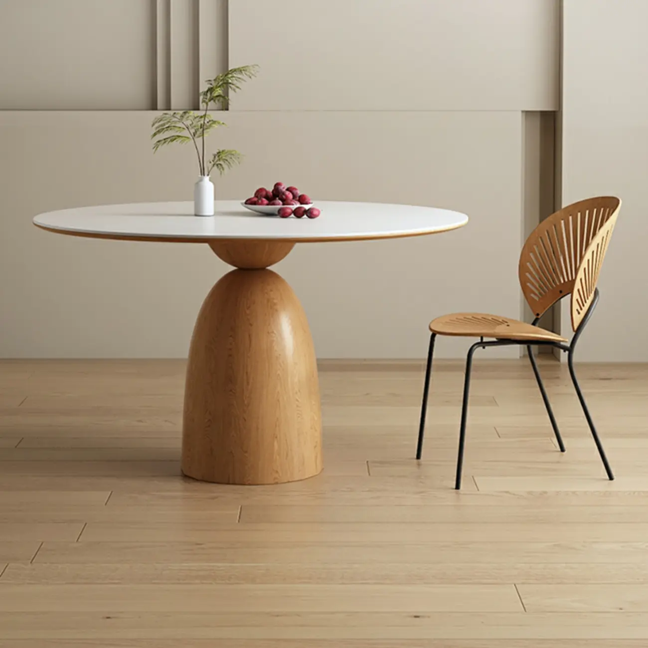Modern White Stone Natural Wood Round Dining Table