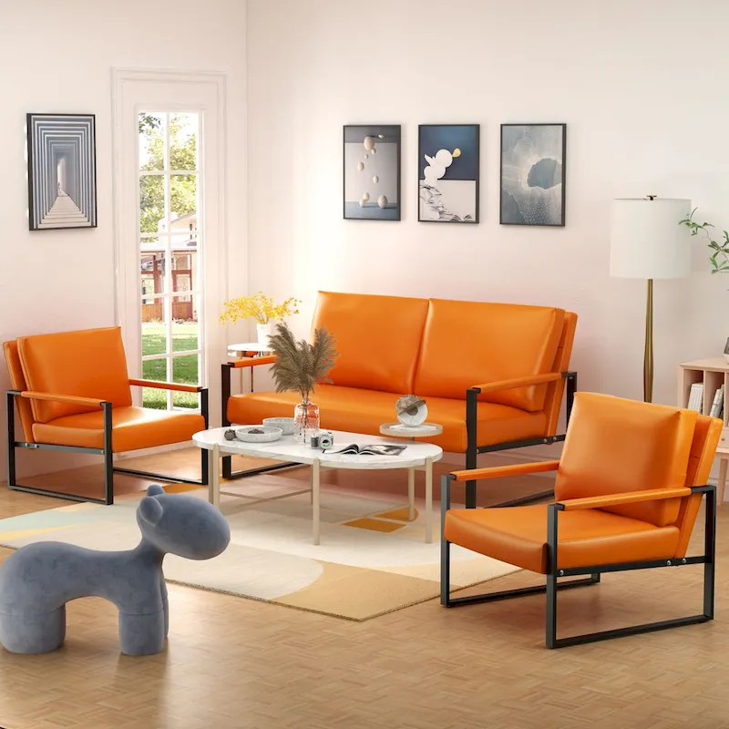 Mieres Mid-Century Style 3-Piece PU Leather Living Room Sofa