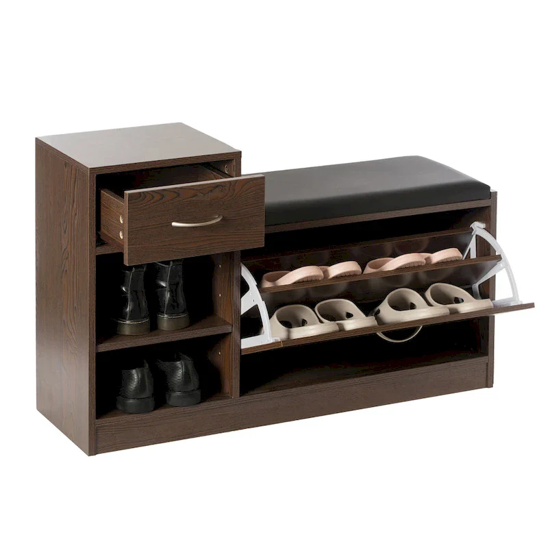 Brown / Oak Wooden Shoe Storage Bench with Cushion, Seats 1
