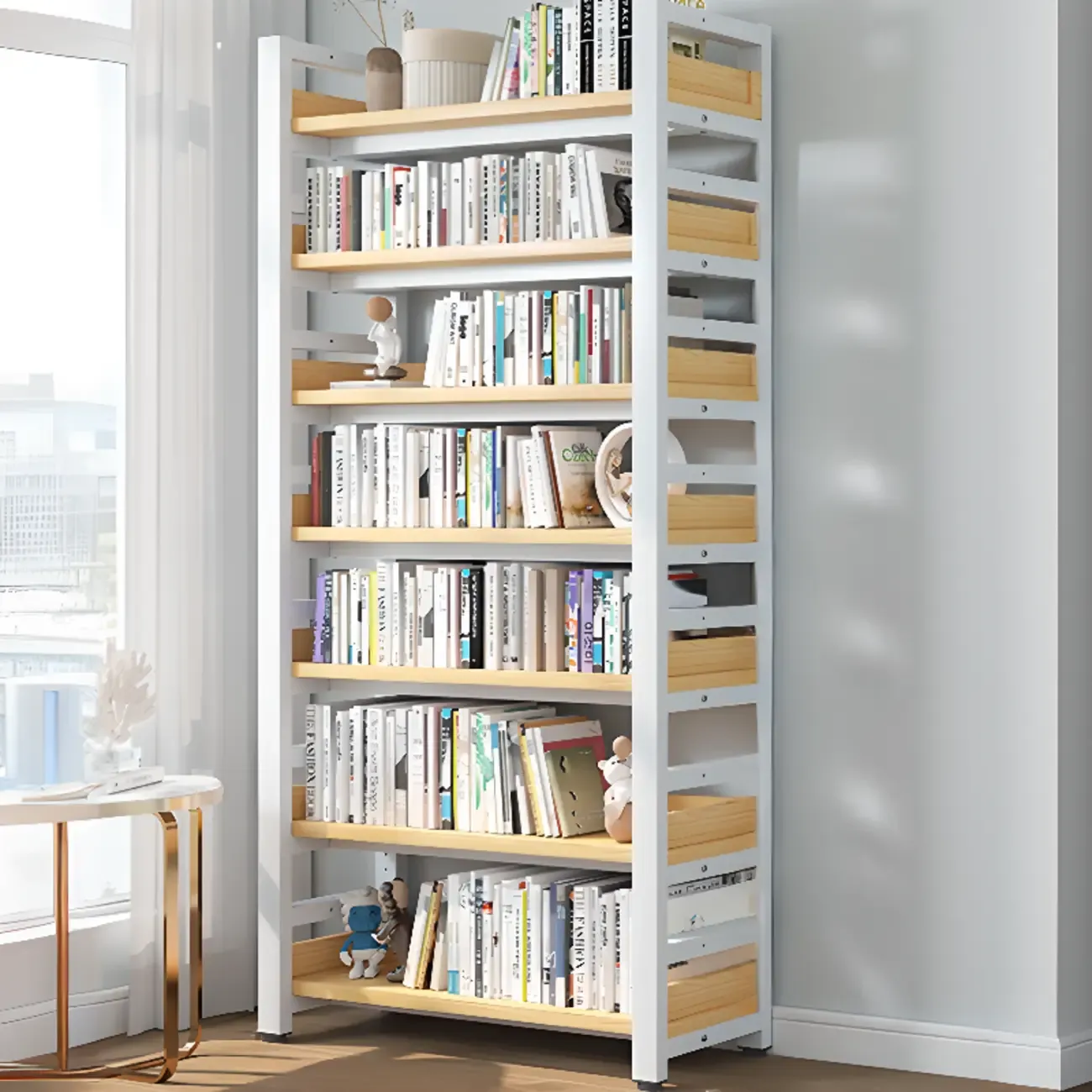 Freestanding Simple Multi-Layer Wood Bookshelf in Steel Frame