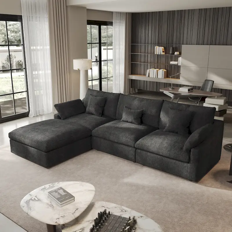 Minimalist Linen Sectional Sofa Cloud Couch, L-Shape Deep Seat Couch with Cushions