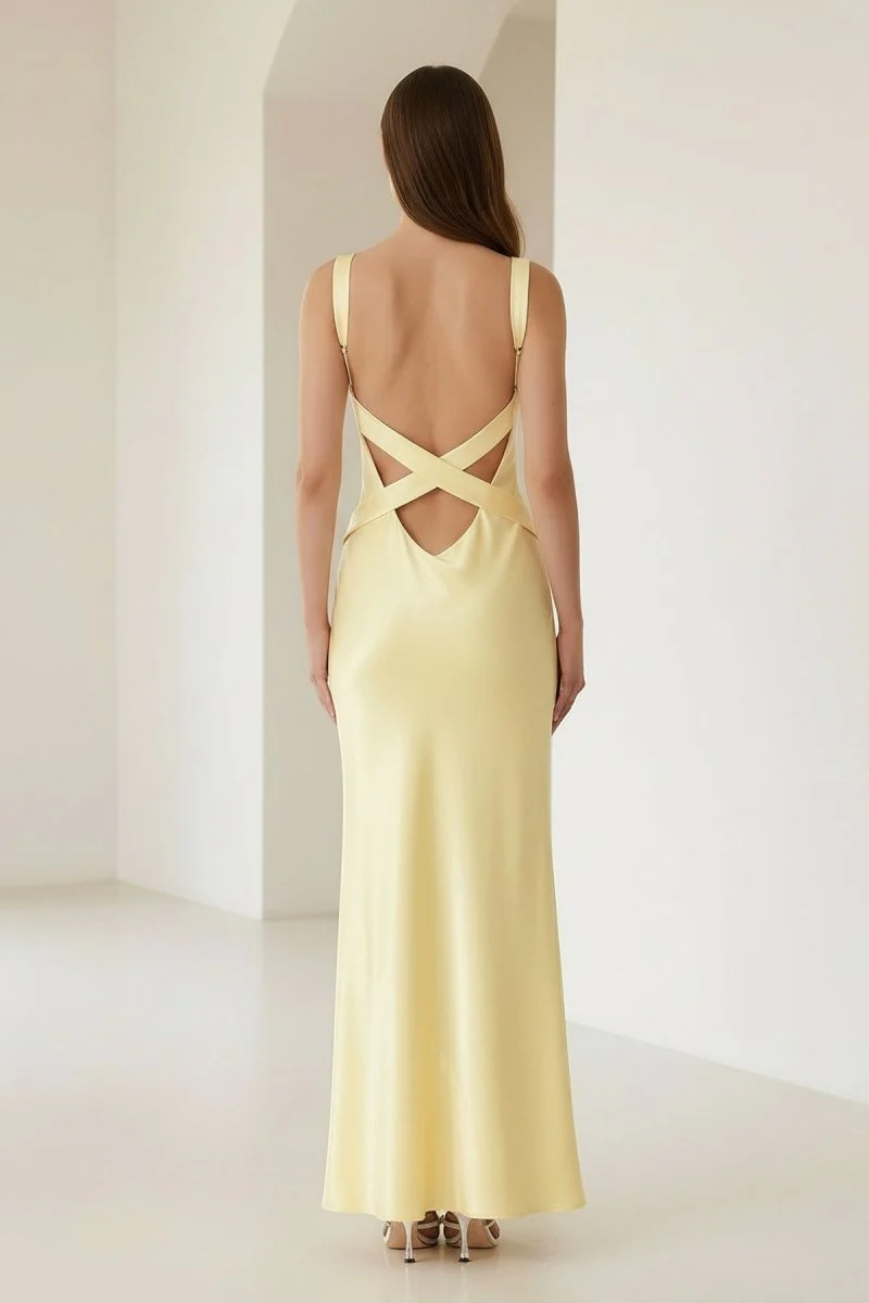 Yellow Mermaid Satin V Neck Long Party Dress