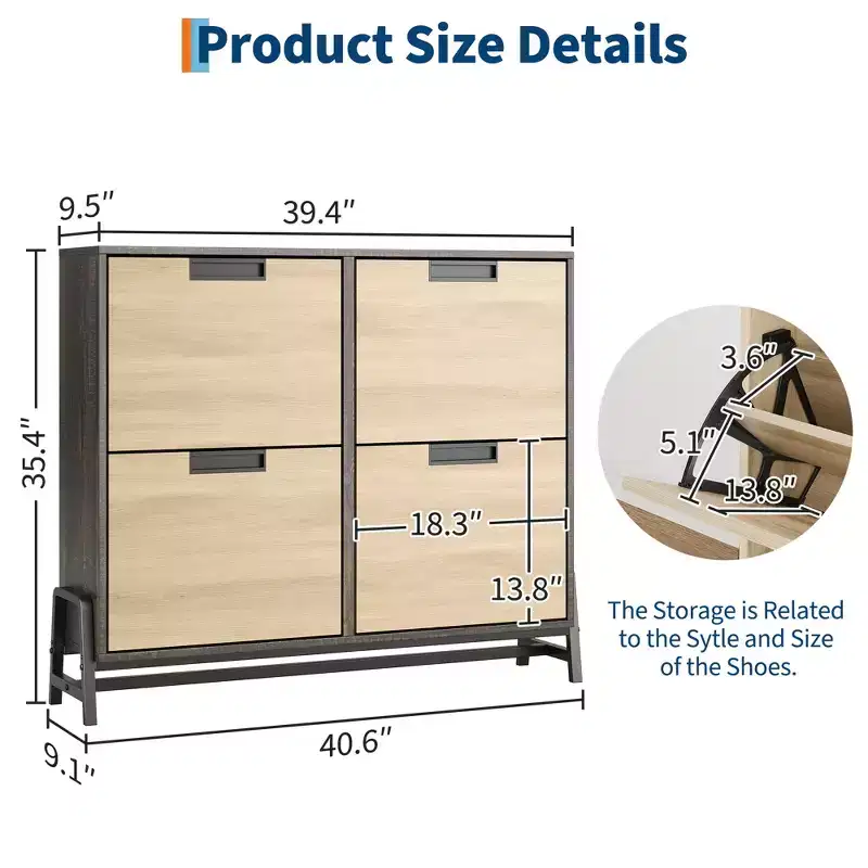 Shoe rack, entryway shoe storage with 4 flip-top drawers, free-standing metal legs, with 3 adjustable shelves, suitable for hallways, oak