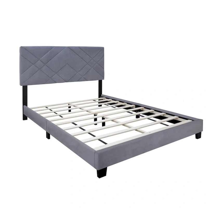 Queen Size Upholstered Headboard Adjustable Bed Frame Velvet Fabric