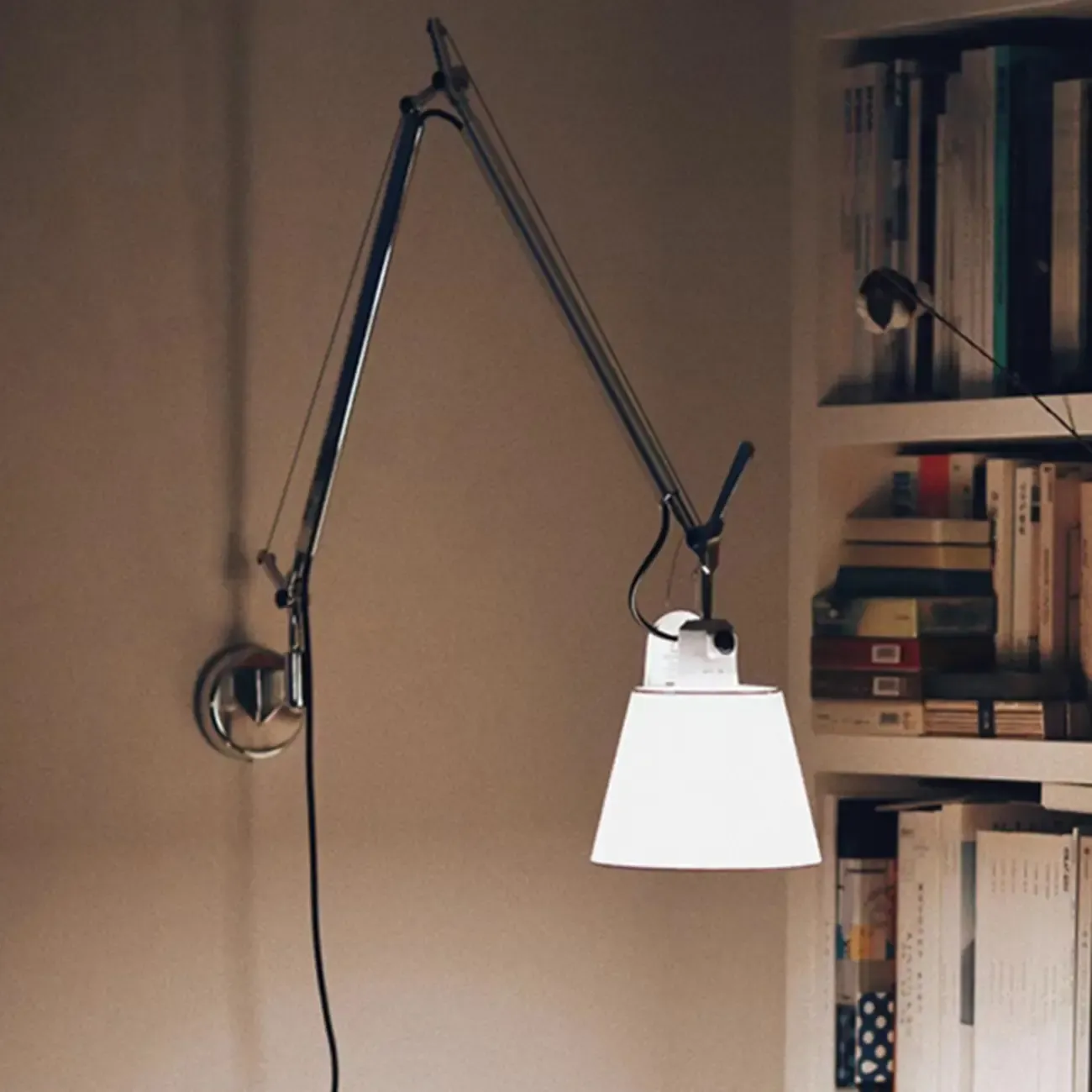 Modern Silver Swing Arm Wall Light with White Fabric Shade