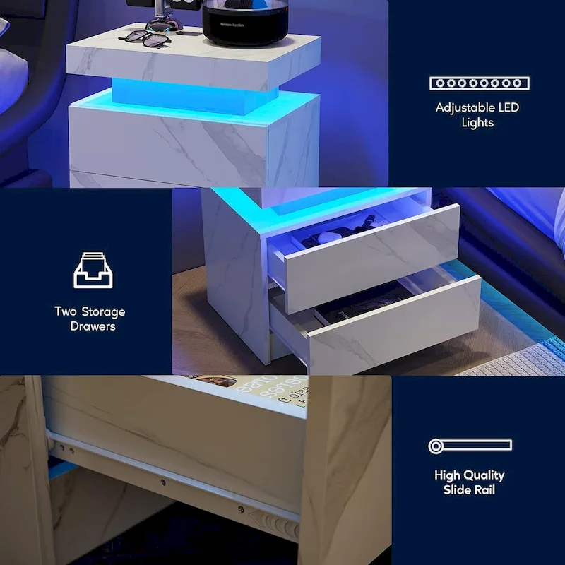 Modern Bedroom Wooden Nightstand/Bedside Table Cabinet with LED Lights and 2 Drawers