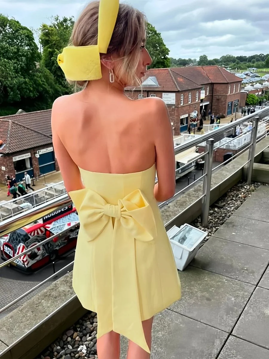 Yellow - Strapless Sheath Satin Short Cocktail Dresses With Bow