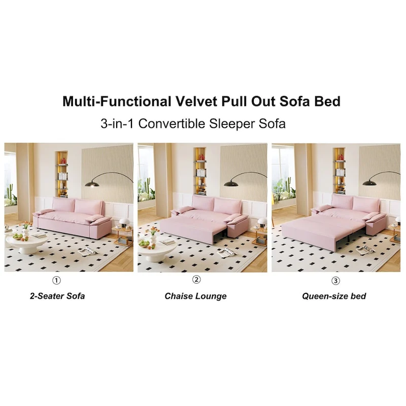 70.1   3-in-1 Convertible Queen Pull Out Sofa Bed with 2 Soft Pillows