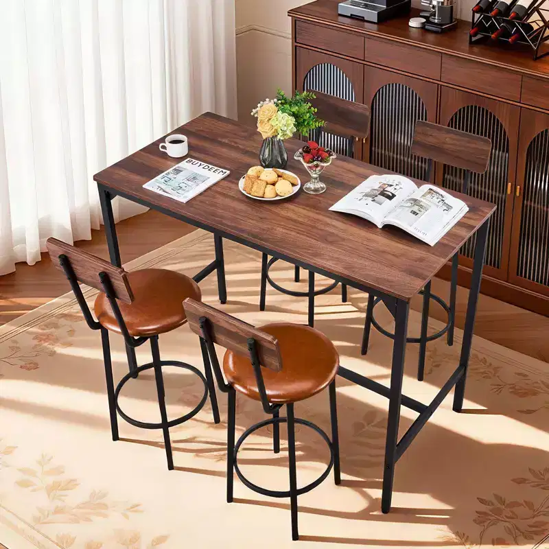 VEVOR Bar Table, 5PCS 47 Bars Tables Set, Bar Tables and Chair Set with Rounded Edge Design, Rectangular Pub Table with Four Stools, Walnut Color