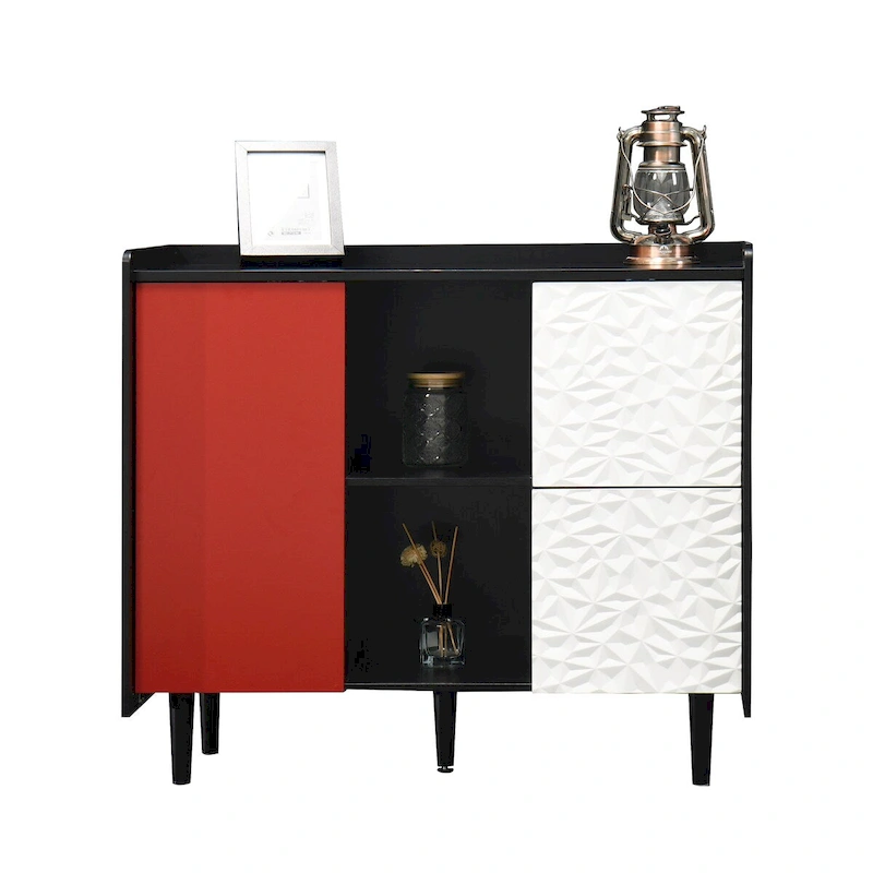 Sideboard Buffet Cabinet,Black Storage Cabinet with Red Doors,2 Drawers with unique panel styling and 2 Open Storage Compartment