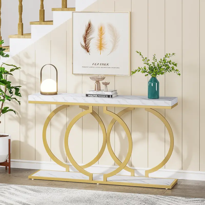 55-Inch Console Table, White/Black/Walnut/Brown, Metal Frame, Narrow Entryway Sofa Table for 1 Person