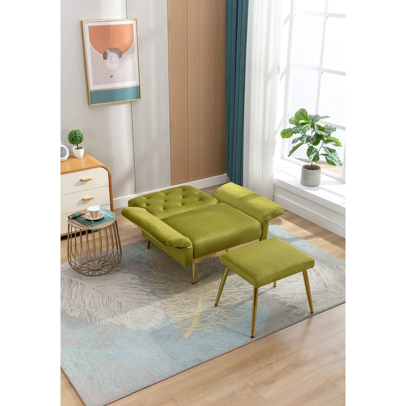 Velvet Tufted Convertible Armchair with Adjustable Backrest & Ottoman – Single